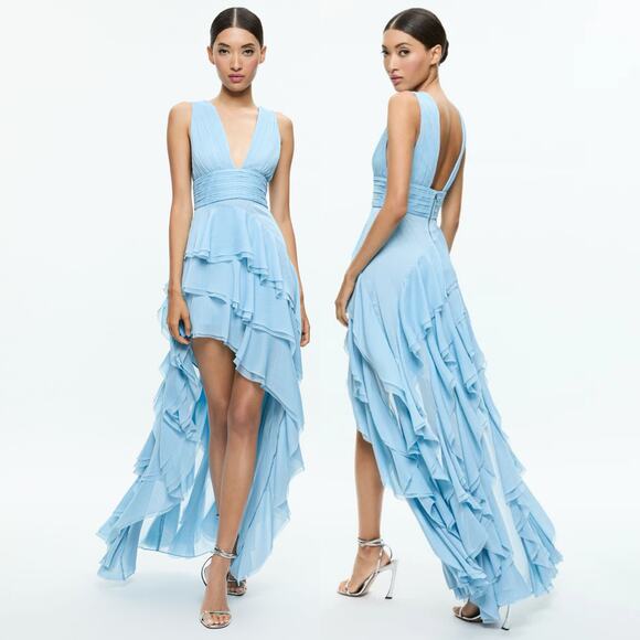 Alice + Olivia Holly Asymmetric Maxi Dress Tiered Ruffle Party Cocktail Blue 6 - Picture 1 of 14
